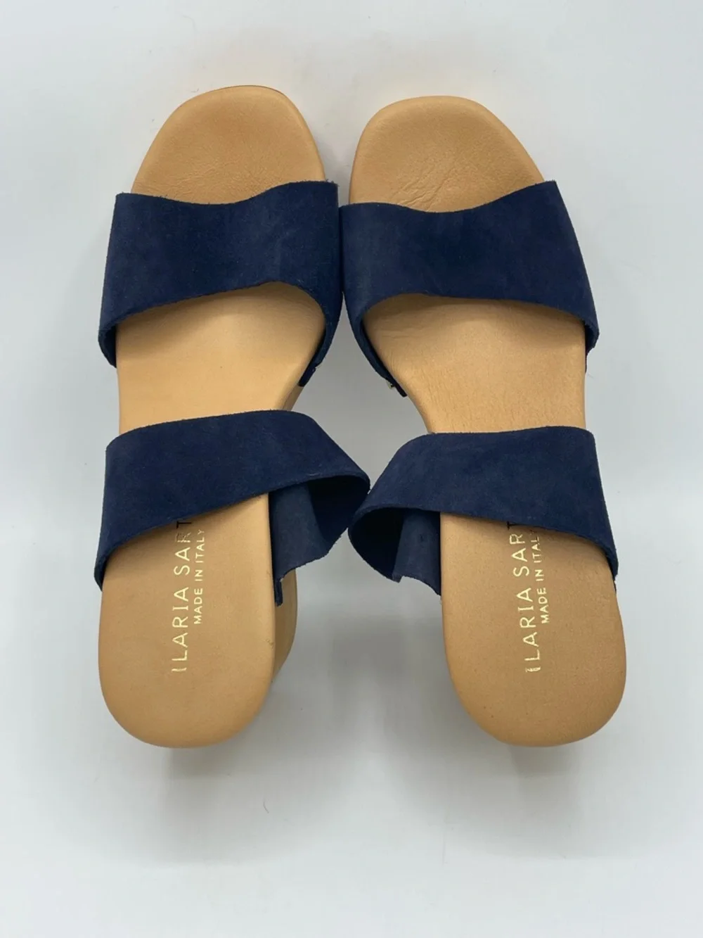 Ilaria Sartori Classic Navy Suede Platform Chunky Heel Sandals.